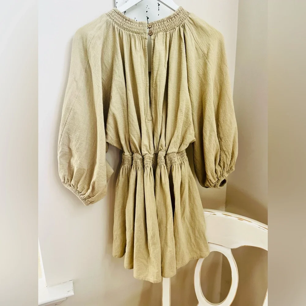 Boho V-Neck Smocked Mini Dress in Beige